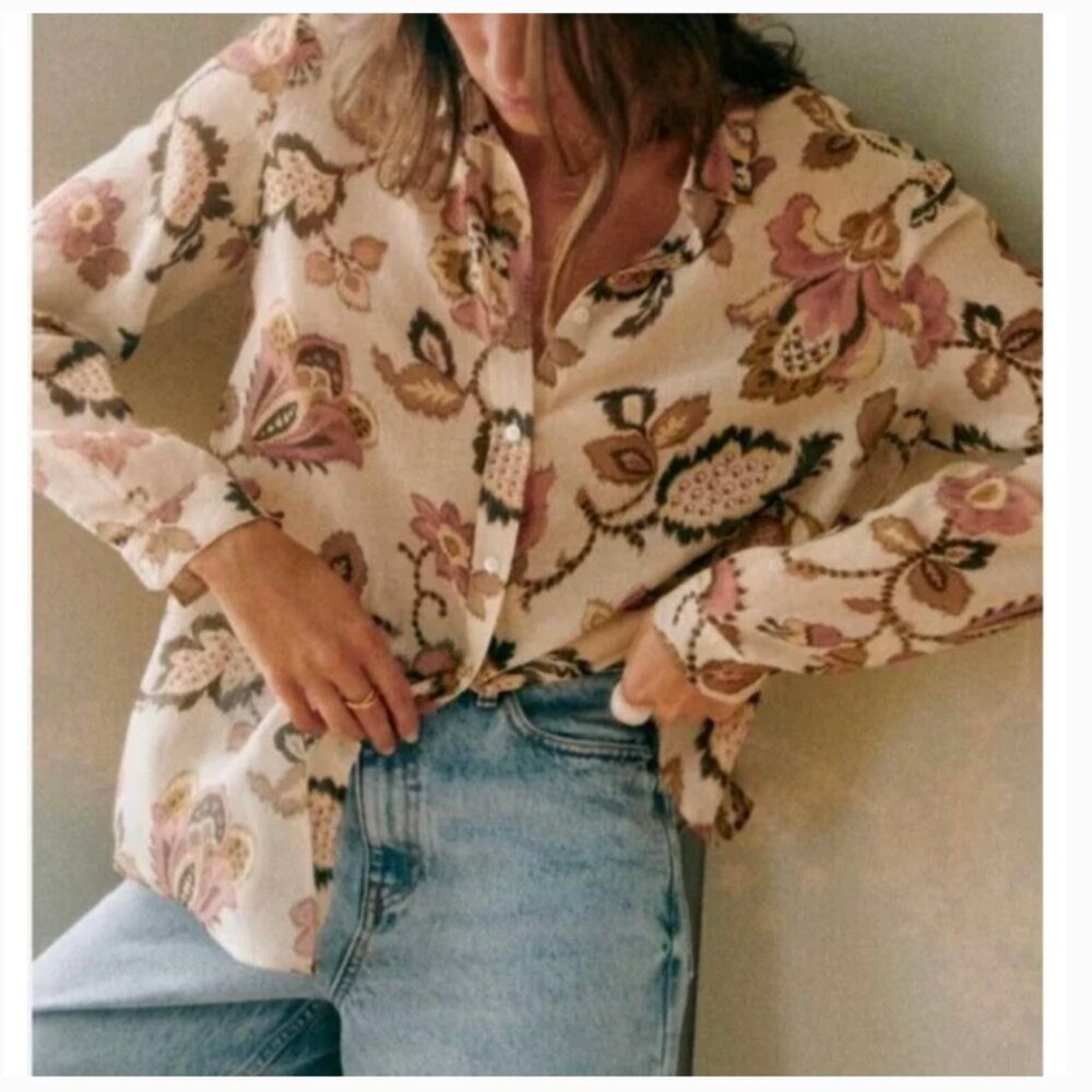 NWOT SEZANE PIERRO SHIRT Merveille Print Silk Cotton Pink Brown 42 (US 10-10) - Picture 9 of 10